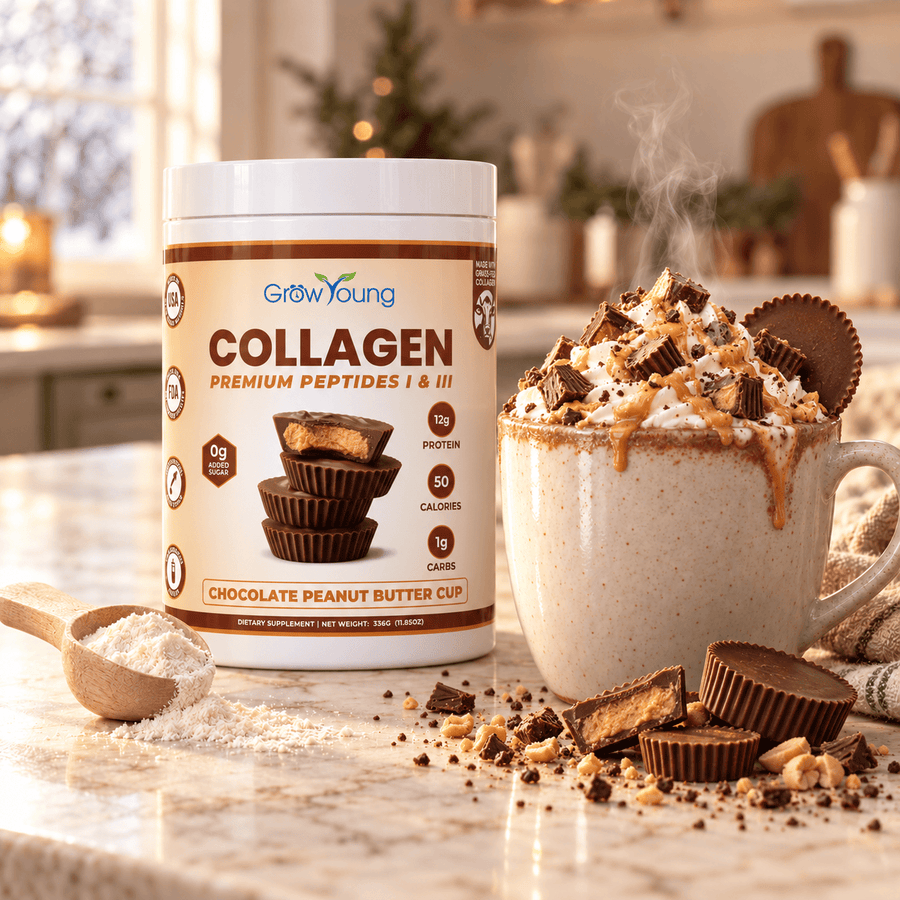 Peanut Butter Cup Collagen with a mug of peanut butter cup hot cocoa