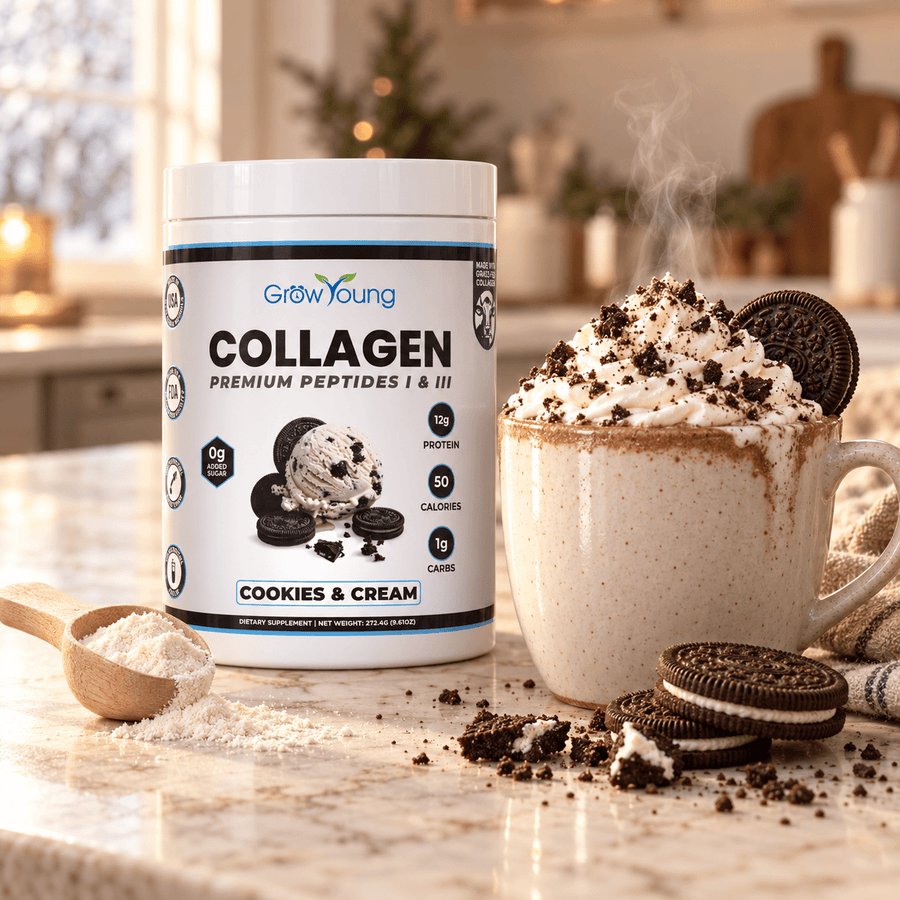 Cookies & Cream Collagen with a mug of cookies and cream hot cocoa