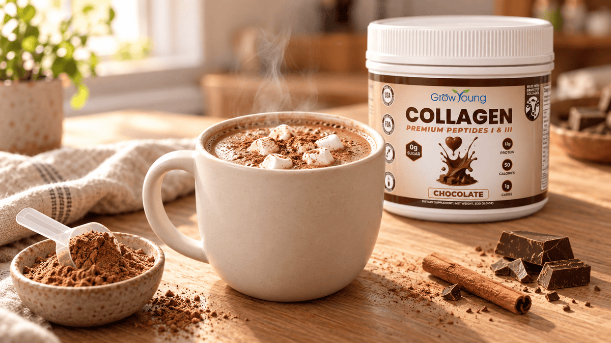 A mug of collagen hot chocolate topped with marshmallows and cocoa, next to a tub of Grow Young Chocolate Collagen