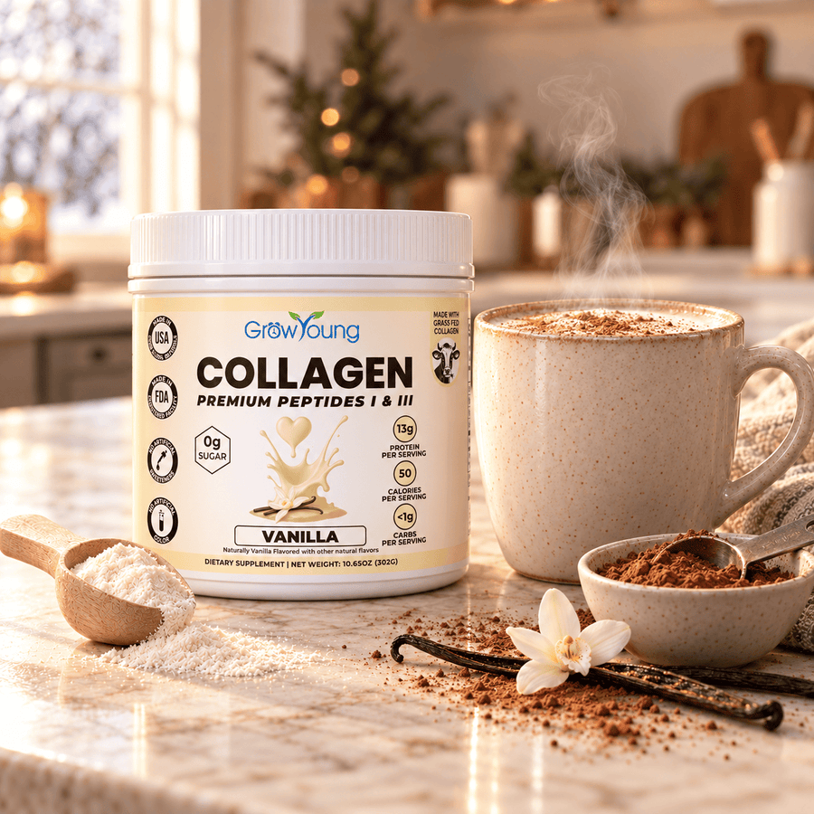 Vanilla Collagen with a warm drink and vanilla beans