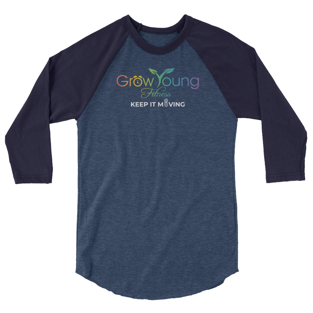 Heather Denim/Navy 3/4 sleeve raglan shirt with a rainbow color grow young fitness logo