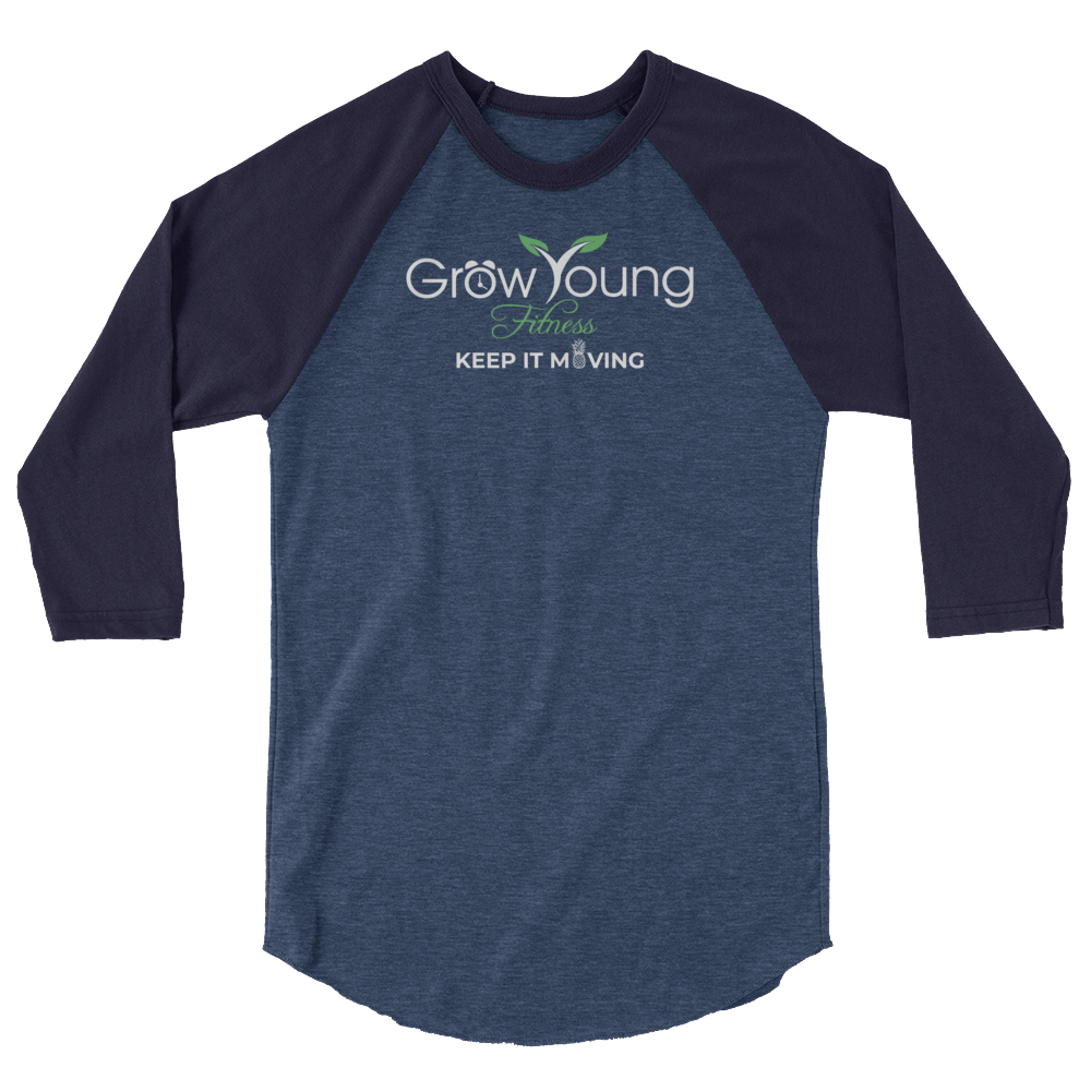 Heather Denim/Navy 3/4 sleeve raglan shirt with grow young fitness logo