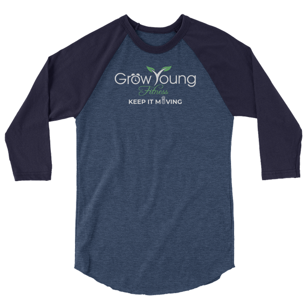 Heather Denim/Navy 3/4 sleeve raglan shirt with grow young fitness logo
