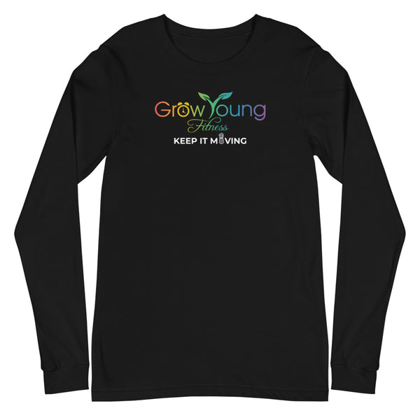 Black Long Sleeve T-shirt with a Rainbow colored Grow Young Fitness Logo