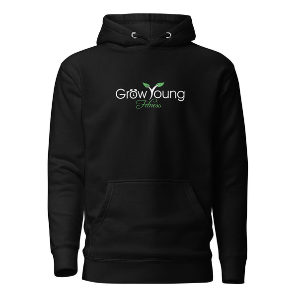 Black sweatshirt with a grow young fitness logo on front