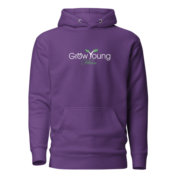 Purple sweatshirt with a grow young fitness logo on front