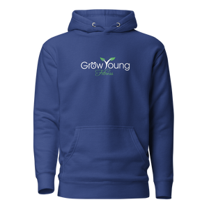 Royal blue sweatshirt with a grow young fitness logo on front