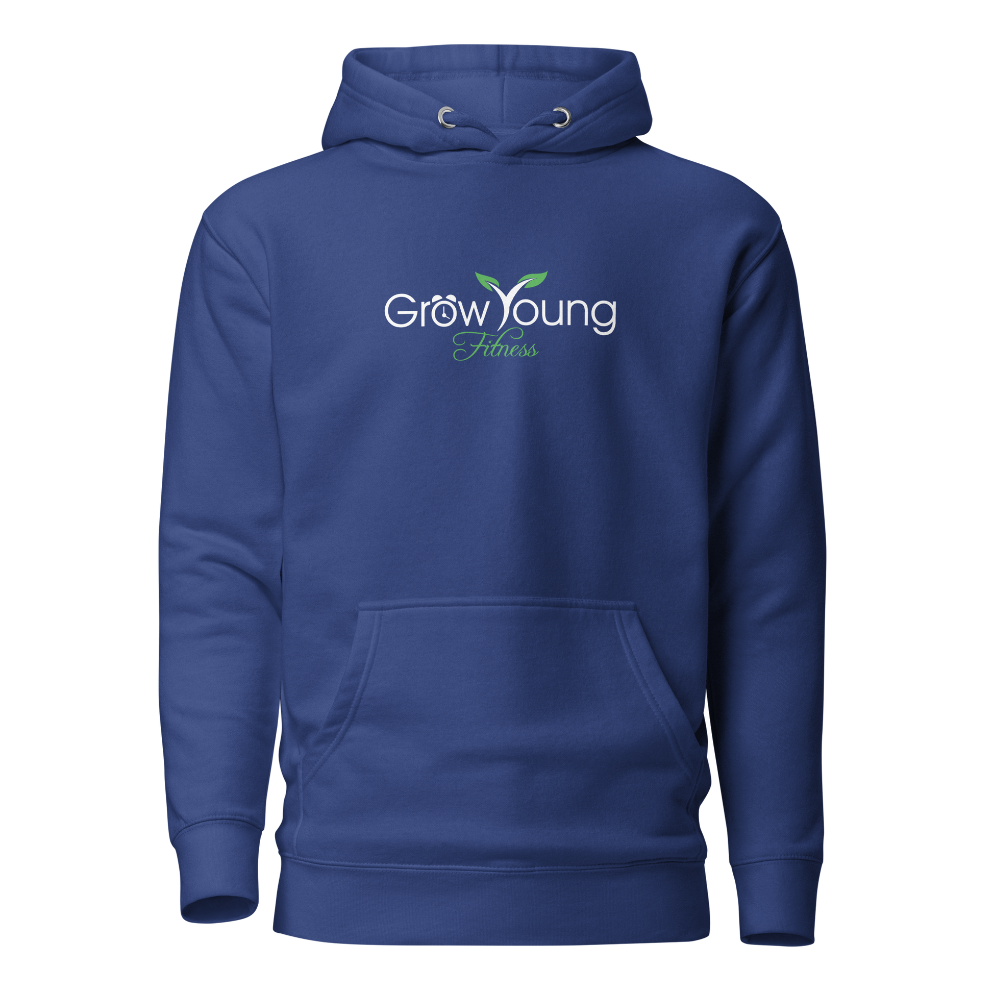 Royal blue sweatshirt with a grow young fitness logo on front