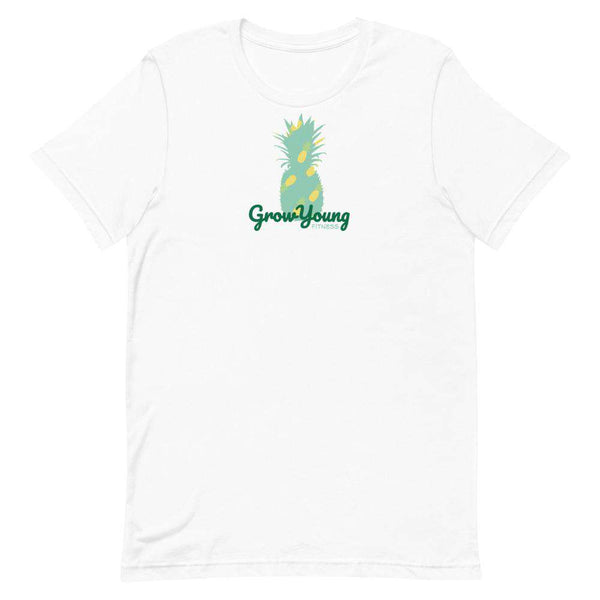 white t-shirt with a green pineapple and grow young fitness logo