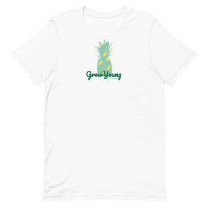 white t-shirt with a green pineapple and grow young fitness logo