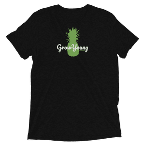 black t-shirt with a green pineapple and grow young fitness logo