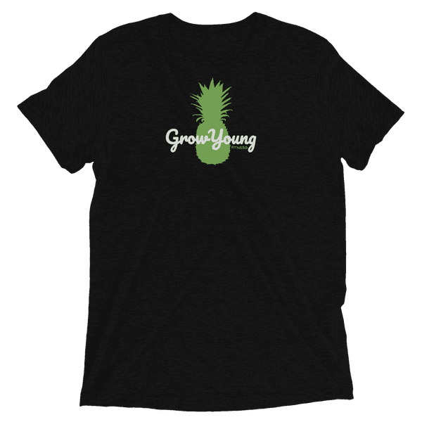 black t-shirt with a green pineapple and grow young fitness logo