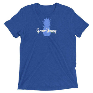 blue t-shirt with a light blue pineapple and grow young fitness logo